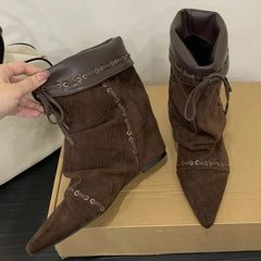 Cyflymder Autumn Winter Soft Suede Pointed Toe Ankle Boots Women Fashion Lace Up Punk Style Modern Short Boots Ladies Wedges Party Heels