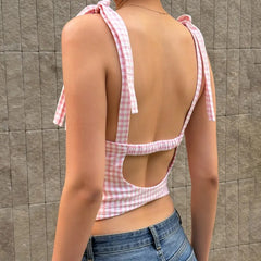 Cyflymder Sweet Girl Summer Fashion Vacation Style Tank Tops Y2k Fashion Plaid V Neck Sleeveless Sext Backless Camisoel Korean Tops