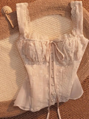 Cyflymder Tie Bow ruffled Ruched Chest embroidery Camisole women Summer Tank Tops single-breasted Girl Slim Crop Top cami