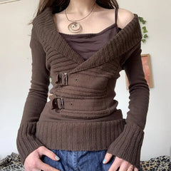 Cyflymder American Vintage Cross V Neck Long Sleeve Pullovers Harajuku Punk Slim Waist Y2k Aesthetic Jumpers Streetwear Knitted Clothes