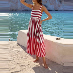 Cyflymder Summer Hollow Out Pleated Vacation Maxi Dress Leisure High Waist Sleeveless Party Dress Fashion Stripe Print Halter Beach Dress