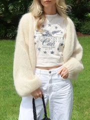 Cyflymder Women s Cozy Knit Sweater Long Puff Sleeve Open Front Solid Color Cardigan Winter Jacket with Faux Fur Trim