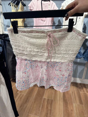 Cyflymder Blue Floral Crochet Patchwork Tank Tops Women Summer Lace-up Bow Sleeveless Slim Tube Top Sweet Preppy Style Cropped Camisole