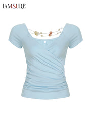 Cyflymder Holiday Slim Folds Cropped T Shirt Casual Sexy Deep V-Neck Short Sleeve Tees Women 2025 Summer Fashion Streetwear Ladies