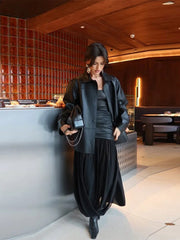 Cyflymder PU Leather Patchwork Side Split Skirt Women Slim High Waist Pleated Fashion Party Skirts 2025 Summer Autumn Straight Street