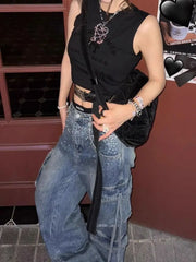 Cyflymder Women's Vintage Heavy Duty Denim Cargo Pants Y2K Streetwear Hip Hop Wide Leg Baggy Jeans with Rhinestones Multi-Pockets