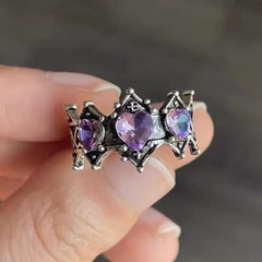 Cyflymder Vintage Distressed Heart-shape Zircon Metal Ring Retro Trendy Dark Goth Medieval Style Adjustable Unisex Rings for Couple Friend