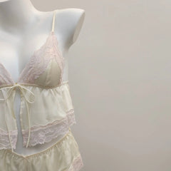 Cyflymder French Sexy Women's Pajamas Sling Sleep Tops with Lace-up Shorts Two-piece Underwear Set Ice Silk Temptation Lingerie Summer