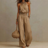 Cyflymder New Sleeveless Linen Backless Jumpsuit Women's Cross-Border Street Style Wide Leg Pants Long Trousers No Neck Label