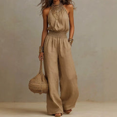 Cyflymder New Sleeveless Linen Backless Jumpsuit Women's Cross-Border Street Style Wide Leg Pants Long Trousers No Neck Label