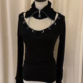 Cyflymder Euramerican Turn Down Off The Shoulder Fake Two Piece Harajuku Y2k Front Cross Lace Up Design Spice Girl Shirt Street Clothes