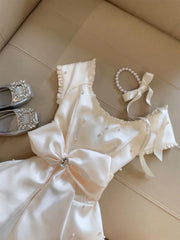 Cyflymder New French Elegant Sweet Style Vintage Dress Women Design Sense Pearl Bow Short Sleeve Dresses Aesthetic Fashion Party Clothing