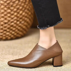 Cyflymder Comfortable Black Soft Leather 5.5cm High Heels Pointed Toe Chunky Heel Women's Shoes Versatile Deep Mouth Single Shoes