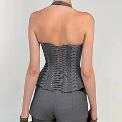 Cyflymder Women Slim Cross Lace Up Halter Tank Tops Front Zipper Sexy V-neck Sleeveless Backless Bandage Corset Vests Matching Tees