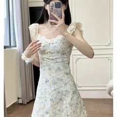 Cyflymder Vintage Floral Mini Dress Women Party Elegant Bow Lace Dresses Summer Korean Flying Sleeve Square Collar Bodycon Design Vestidos