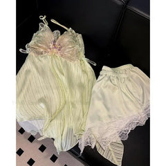 Cyflymder Green Butterfly Sling Top&shorts 2Pcs Pajamas Set Lady Fairy Princess Style Home Clothes Lace Trim Lingerie Summer Loungewear