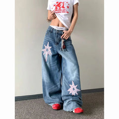 Cyflymder American Star Patch Scimitar Jeans Women's Summer High Waist Washed Loose Wide Leg Trousers