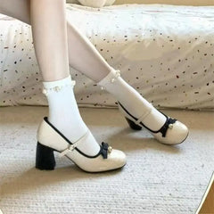 Cyflymder Bow Shoes 2025 Slim Heels Mary Jane Chunky Sandals Clogs for Women Latest Slimming Retro Leather Lolita Block Spring African But