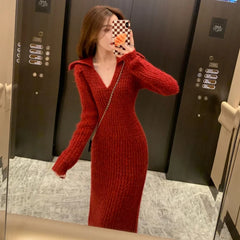 Cyflymder Autumn Red Collar Knitted Dress Women Long Sleeve Slim Elastic Tight Pullover Sweater Dress Autumn Office Lady Midi Dress 664A