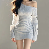 Cyflymder Korean Fashion Elegant One Off Shoulder Dress Striped Slim Sweet Chic Dresses Women Summer New Sexy Waist High Hip Clothing