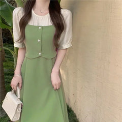 Cyflymder Fake Two Pieces A-Line Dresses Summer Stylish Patchwork Female Clothing French Style Short Sleeve Elegant Solid Color Midi Dress