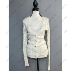 Cyflymder Women's Cable Knit Cardigan V Neck Long Sleeve Button Slim Fit Pockets White Casual Fall Winter Outerwear