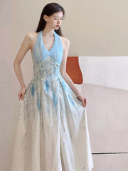 Cyflymder Floral Sexy Halter Beach Dress Women Elegant Slim Sweet Sleeveless Vintage Long Dress Casual Retro Mesh Patchwork Vestidos