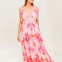 Cyflymder Sexy V-neck Women Vacation Long Dress Summer Casual Sleeveless Hight Waist Party Dress Elegant Print Draped Bow Maxi Dress
