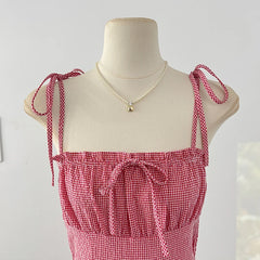 Cyflymder Sweet Lace Spliced Plaid Suspender Dress Women 2025 Summer Sleeveless High Waist A-line Layered Cake Beach Long Dresses