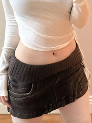 Cyflymder Y2k Vintage Patchwork Ribbed Knit Denim Skirt Women Low Waist Bodycon Fit Wash Blue High Quality Elastic Mini Skirt Daily Wear