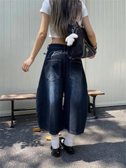 Cyflymder Summer Cool Girl Wide Leg Letter Embroidery Denim Cropped Pants Women's Calf-length Jeans Female High Waist Capris Pants