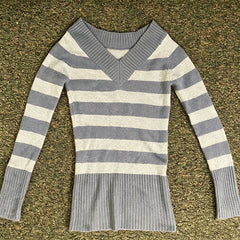 Cyflymder Grey And White Fashionable Striped V-Neck Spicy Girl Waist Cinched Knitted Street Long Sleeved Top Sweet Girl Gothic Punk Retro