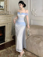 Cyflymder Women Dresses Off Shoulder Sexy Mesh Patchwork Split Backless Temperament Elegant Dress Party Ladies Fashion Cocktail