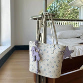 Cyflymder Floral Market Tote Bag Women Cartoon Purple Charm Cute Shoulder Purse Ladies Leather Large Capacity Commuter Handbag 2025 New