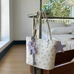 Cyflymder Floral Market Tote Bag Women Cartoon Purple Charm Cute Shoulder Purse Ladies Leather Large Capacity Commuter Handbag 2025 New