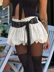 Cyflymder Holiday Dot Printed A-Line Skirts Sweet Slim Lace Bandage Mid-Waisted Mini Skirts Women Summer Fashion Streetwear