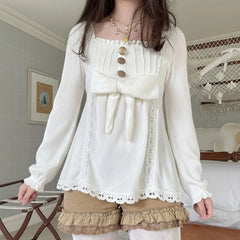 Cyflymder American Sweet Solid Lace Edge A-line Shirts Y2k Front Bow Design Thin All Match Women Tops Harajuku Punk Street Casual Clothes