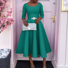 Cyflymder Women's Elegant Luxury Sequins Evening Midi Dress Solid Crew Neck Long Sleeve Slim Ball Gown Autumn Female Prom Wedding Dresses