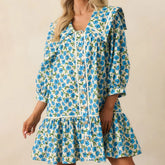 Cyflymder Women Boho Floral A-line Short Dress Vintage Puff Sleeve Flowy Babydoll Dress Smocked Shirt Dresses Bohemian Mini Sundress