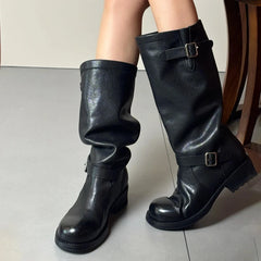 Cyflymder Knee-high Pleated Leather Boots Women's Fashion Booties Over-the-Knee Rough Heel Long Boots Foldable Calf-length Boots