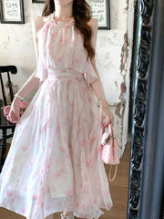 Cyflymder French Style Sweet Elegant Women Dress Y2k Summer Casual Slim Halterneck Evening Dress Fashion Fairy Chic Vintage Party Outfits