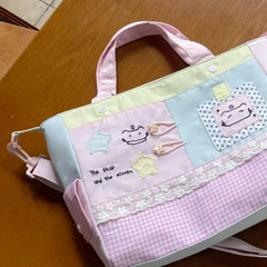Cyflymder All Match Kawaii Cat Embroidery Crossbody Bag Fashion Y2k Chic Canvas Bags Contrast Color Plaid Patchwork Lace Shoulder Handbags