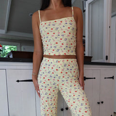 Cyflymder Women Y2K Floral 2 Piece Lounge Set Spaghetti Strap Crop Camisole Elastic Waist Wide Leg Pajama Pants Casual Sleepwear
