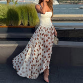 Cyflymder Elegant Square Collar Waist Chiffon Long Dress Women Fashion Polka Dot Patchwork Party Dress Sexy Sleeveless Swing Maxi Dresses