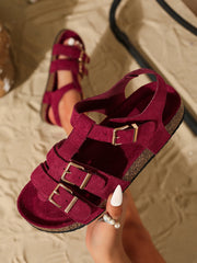 Cyflymder Suede Leather Flat Sandals with 2-Strap Adjustable Buckle Non Slip Shoes