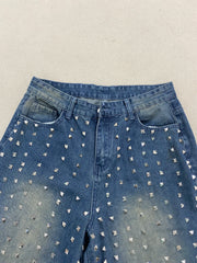 Cyflymder Vintage Rivet Jeans high street retro loose letter printing women jeans ins versatile fashion street straight wide-leg pants