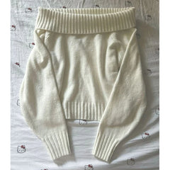 Cyflymder Women White Off Shoulder Knit Sweater Long Sleeve Ribbed Crop Top Y2K Solid Color Loose Pullover Fall Winter Casual Knitwear