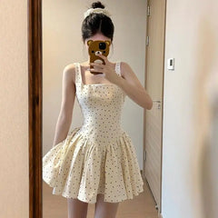 Cyflymder French Square Neck Polka Dot Sleeveless Dress Women Summer 2025 New Style High-end Temperament Waist Cinching A-line