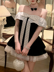 Cyflymder French Sweet Polka Dot Off-the-shoulder Dress Women Ruched Princess Dress Cute Sweet Party Mini Dresses Aesthetic Slim Clothing