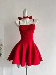 Cyflymder French Elegant Red Sexy Style Dress Women New Year Bow Strap Dresses Fashion Princess Aesthetic Design Sense Party Outfits